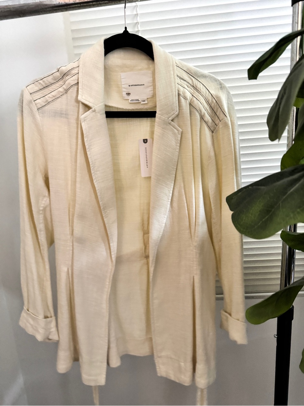 Anthropologie Cream Open-Front Lightweight Blazer